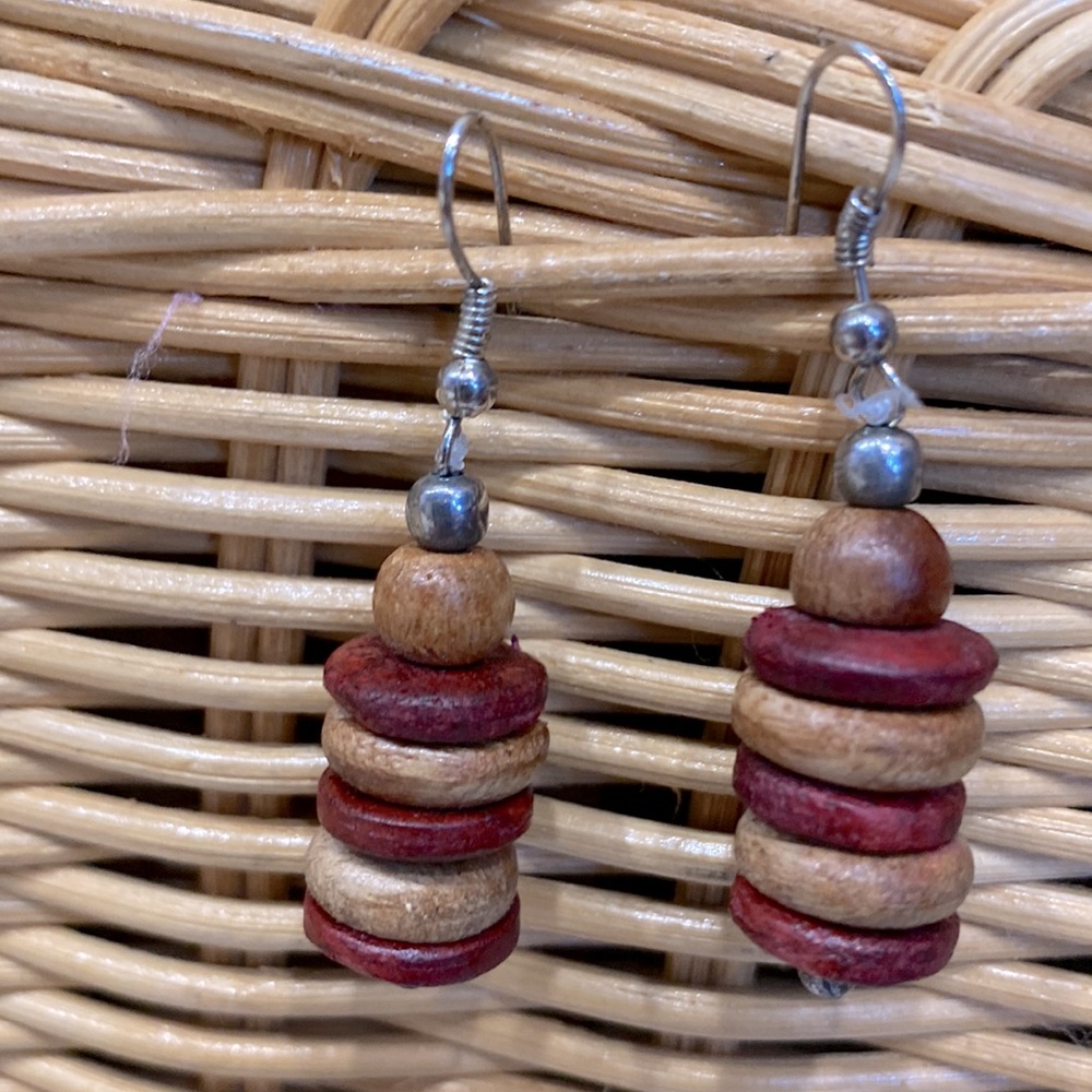 Handmade Beaded Red Natural Wood Drop Native American Style Earrings !